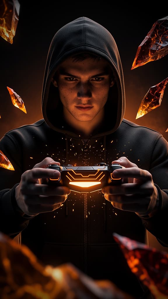 Gamer encapuzado segurando um comando que emite faíscas laranja